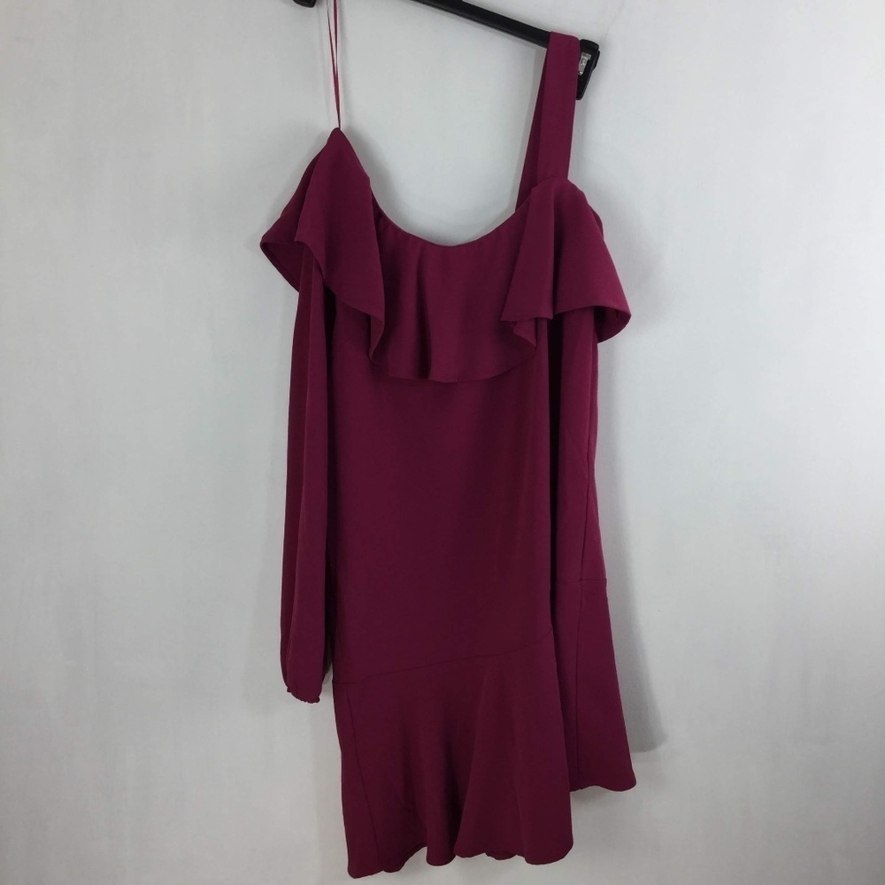 Skies are Blue Dress One Shoulder Ruffle Dark Rose